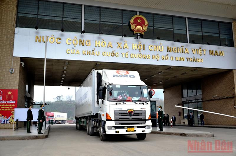 Thông quan xuất khẩu thanh long qua Cửa khẩu Kim Thành (Lào Cai) ngày 12/1. Ảnh: Quốc Hồng