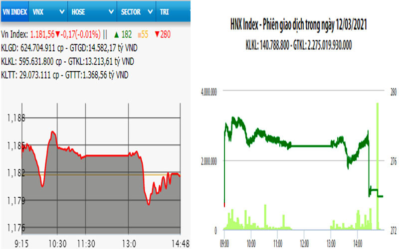 Diễn biến VN-Index và HNX-Index, phiên giao dịch ngày 12-3. 