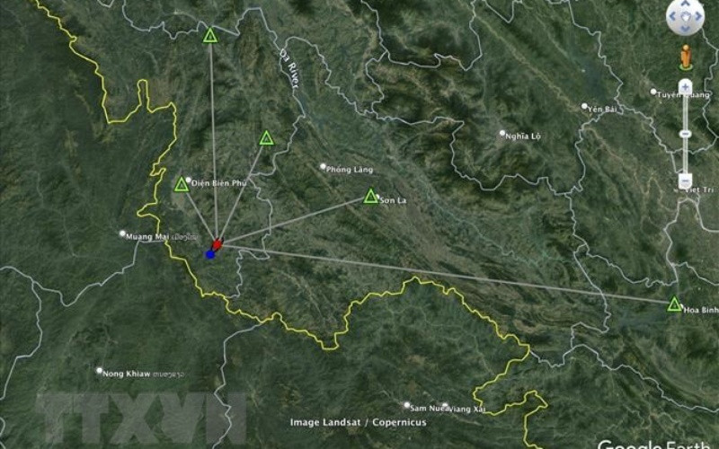 Vị trí tâm chấn xảy ra trận động đất tại Điện Biên, ngày 14/3. (Ảnh: TTXVN phát)