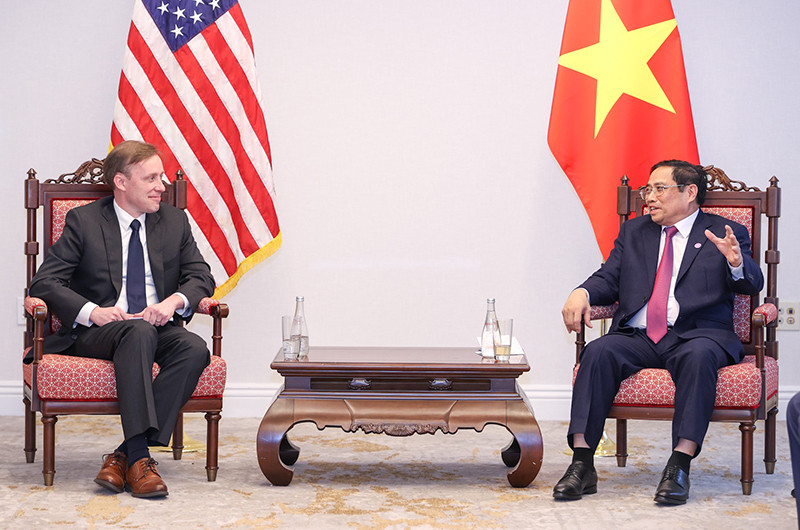 Thủ tướng Phạm Minh Chính tiếp Cố vấn An ninh Quốc gia Hoa Kỳ Jake Sullivan. (Ảnh: NHẬT BẮC)