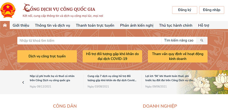 Giao diện Cổng Dịch vụ công quốc gia.
