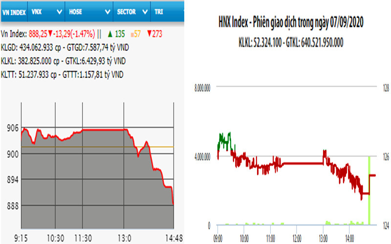 Diễn biến VN-Index và HNX-Index, phiên giao dịch ngày 7-9. 
