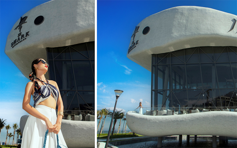 “Tôi thực sự thích thú khi ghé thăm nhà hàng The Shark với không gian tráng lệ, tầm nhìn hướng thẳng bờ biển Hồ Tràm xanh mát. Sự tinh tế còn đến từ không gian nhà hàng được bao quanh bởi kính trong suốt, giúp thực khách có thể phóng tầm mắt ngắm nhìn cảnh đẹp 360 độ cho bữa ăn thêm thi vị”, Cao Thiên Trang cho biết.