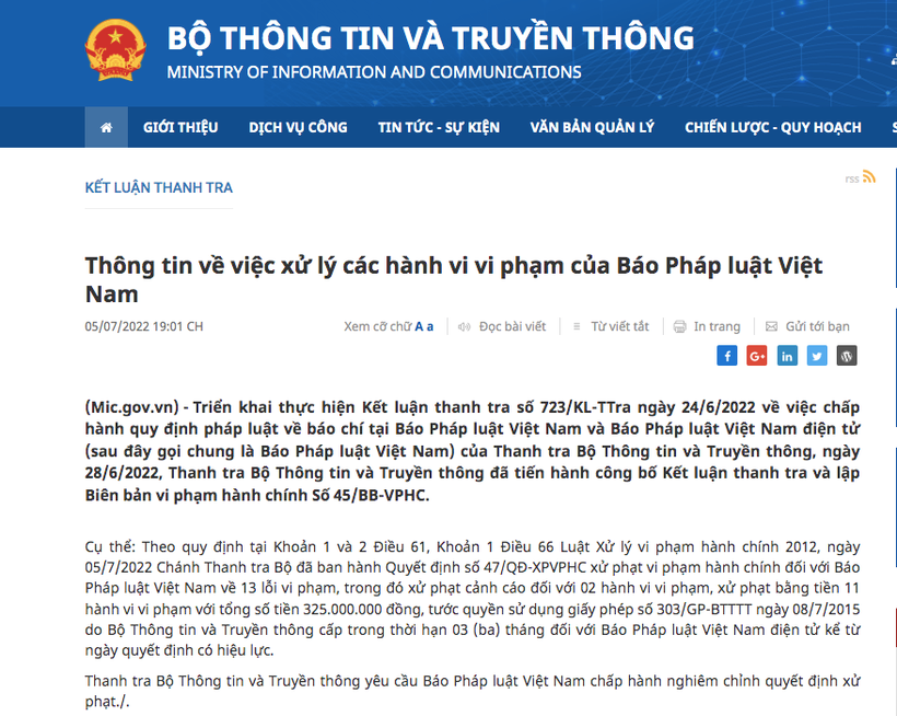 Đình bản 3 tháng đối với Báo Pháp luật Việt Nam điện tử