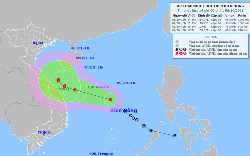 Vị trí và hướng di chuyển của áp thấp nhiệt đới. (Nguồn: nchmf.gov.vn)