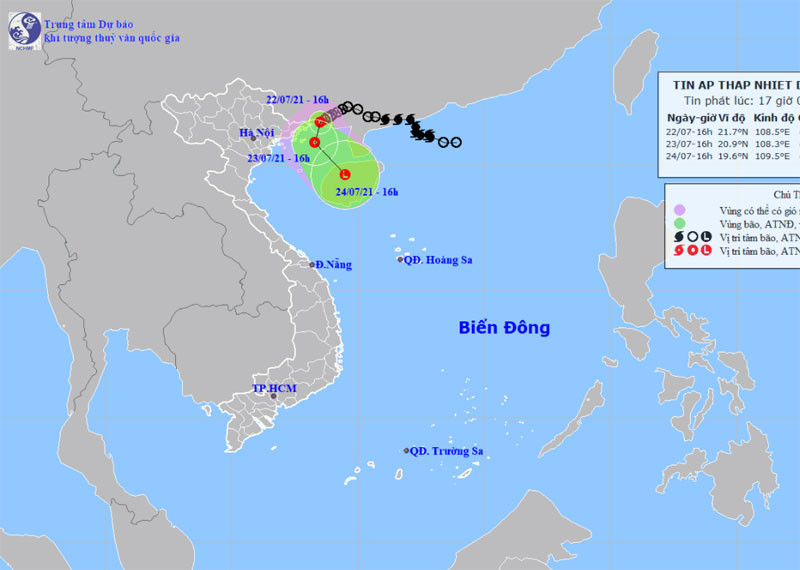 Vị trí và hướng di chuyển của áp thấp nhiệt đới suy yếu từ bão số 3. (Nguồn: nchmf.gov.vn)