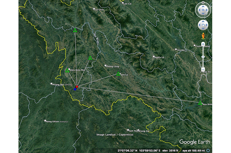 Vị trí tâm trấn trận động đất vừa xảy ra tại hai xã Pú Hồng, Phình Giàng, huyện Điện Biên Đông, tỉnh Điện Biên. (Ảnh: Viện Vật lý địa cầu)