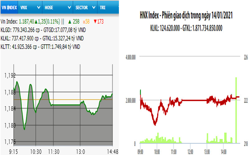 Diễn biến VN-Index và HNX-Index, phiên giao dịch ngày 14-1. 
