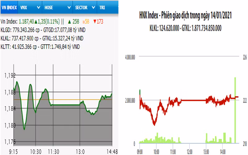 Diễn biến VN-Index và HNX-Index, phiên giao dịch ngày 14-1. 