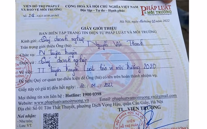 Sở Thông tin và Truyền thông tỉnh Thái Bình đang phối hợp Thanh tra Bộ Thông tin và Truyền thông làm rõ dấu hiệu vi phạm của Viện Hỗ trợ pháp lý và bảo vệ môi trường khi cấp giấy giới thiệu cho phóng viên.