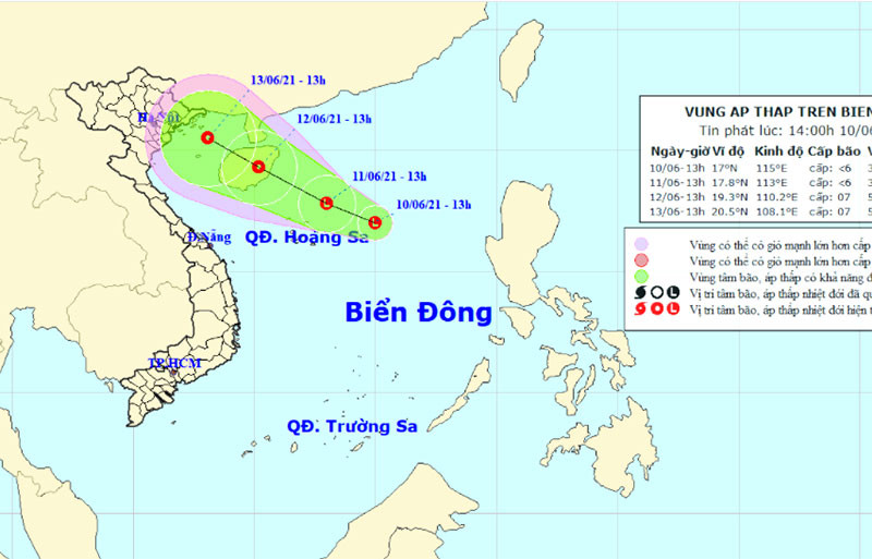 Vị trí và hướng di chuyển của vùng áp thấp trên Biển Đông. (Nguồn: nchmf.gov.vn)