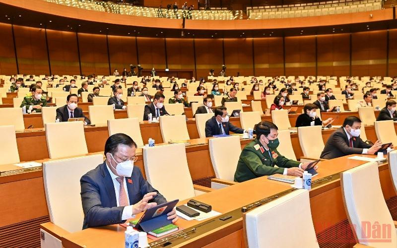 Các đại biểu Quốc hội tham gia biểu quyết thông qua Nghị quyết về thí điểm một số cơ chế, chính sách đặc thù phát triển thành phố Cần Thơ. (Ảnh: LINH KHOA)