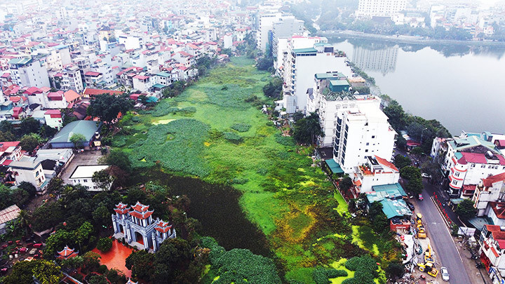Tình trạng ô nhiễm tại hồ Tứ Liên (Tây Hồ, Hà Nội). Ảnh: KHIẾU MINH