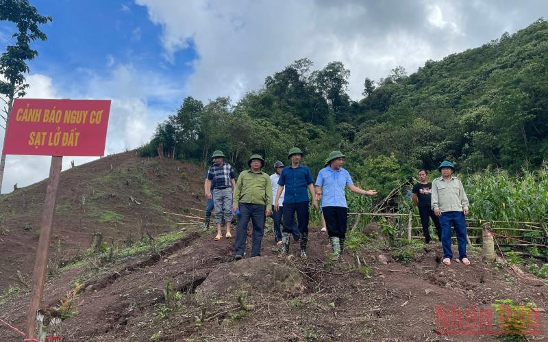 Lãnh đạo huyện Nậm Pồ kiểm tra thực địa khu vực sạt trượt nguy hiểm. (Ảnh: Mắn On)