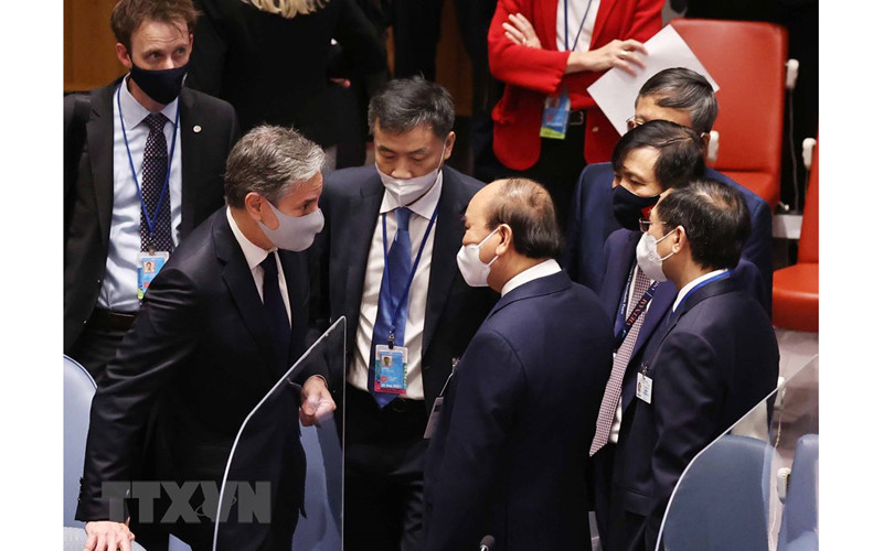 Chủ tịch nước Nguyễn Xuân Phúc và Ngoại trưởng Mỹ Antony Blinken tại phiên họp. (Ảnh: Thống Nhất/TTXVN)