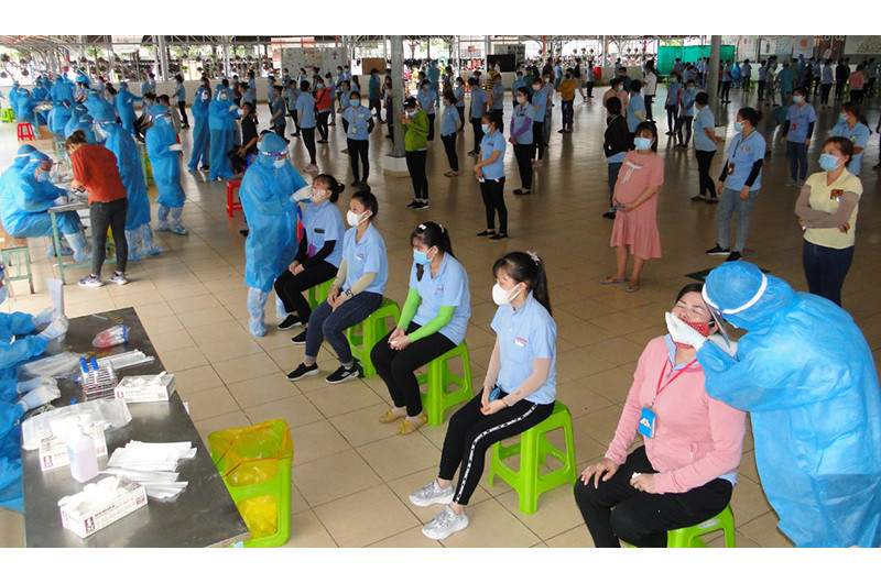 Ngành y tế tiến hành lấy mẫu test nhanh lại cho toàn bộ công nhân của Công ty TNHH Freeview Industrial (Việt Nam) tại Khu công nghiệp Tân Hương (Tiền Giang).