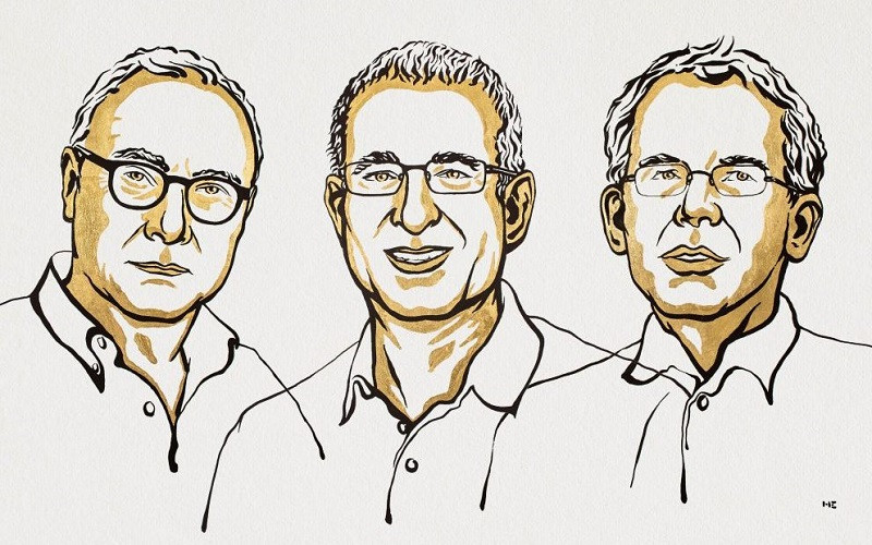 Chân dung ba nhà kinh tế người Mỹ David Card (bìa trái), Joshua D. Angrist (giữa) và Guido W. Imbens giành giải Nobel Kinh tế năm 2021. (Ảnh: Niklas Elmehed/Nobel Prize Outreach)