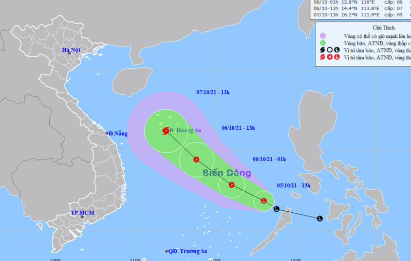Vị trí và hướng di chuyển của vùng áp thấp trên Biển Đông. (Nguồn: nchmf.gov.vn)