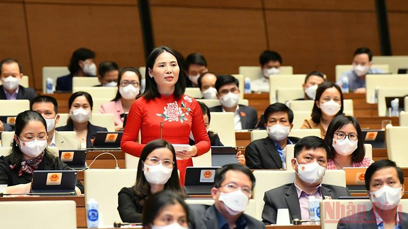 Đại biểu Quốc hội Âu Thị Mai (Tuyên Quang) chất vấn Bộ trưởng Kế hoạch và đầu tư về giải pháp thúc đẩy nhanh tiến độ giải ngân vốn đầu tư công. Ảnh: LINH NGUYÊN