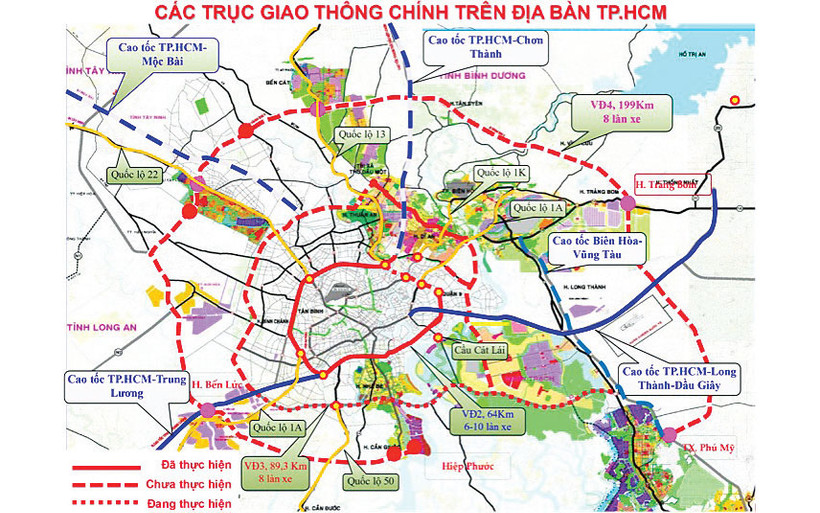 Bình đồ của đường vành đai 3, khi hoàn thiện xây dựng sẽ kết nối giao thông TP Hồ Chí Minh với các tỉnh Bình Dương, Đồng Nai, Long An.