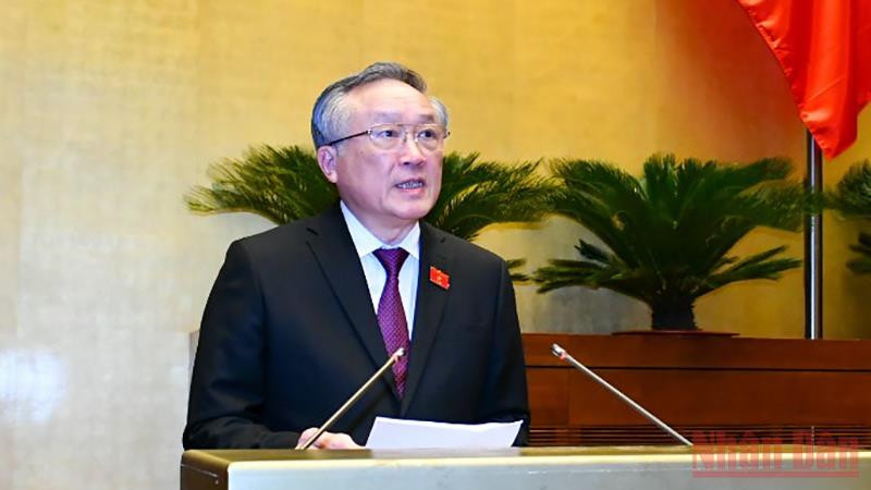 Chánh án Tòa án nhân dân tối cao Nguyễn Hòa Bình trình bày báo cáo về công tác của các Tòa án năm 2021. Ảnh: LINH NGUYÊN