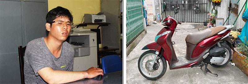 Nghi can Mai Xuân Bình và chiếc xe máy dùng để gây án.