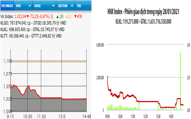 Diễn biến VN-Index và HNX-Index, phiên giao dịch ngày 28-1. 