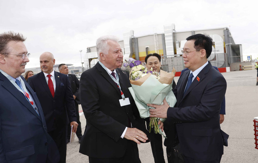 Phó Chủ tịch Quốc hội Hungary Istvan Jakab và cán bộ Quốc hội Hungary đón đoàn tại sân bay quốc tế Budapest Liszt Ferenc.