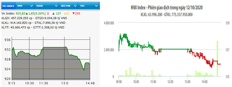 Diễn biến VN-Index và HNX-Index phiên giao dịch ngày 12-10.