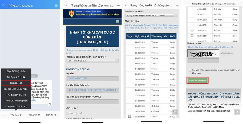 Kê khai hồ sơ đề nghị cấp thẻ CCCD và đặt lịch qua tài khoản Zalo “Công an quận 4”, TP Hồ Chí Minh.