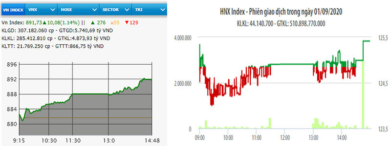 Diễn biến VN-Index và HNX-Index phiên giao dịch ngày 1-9.