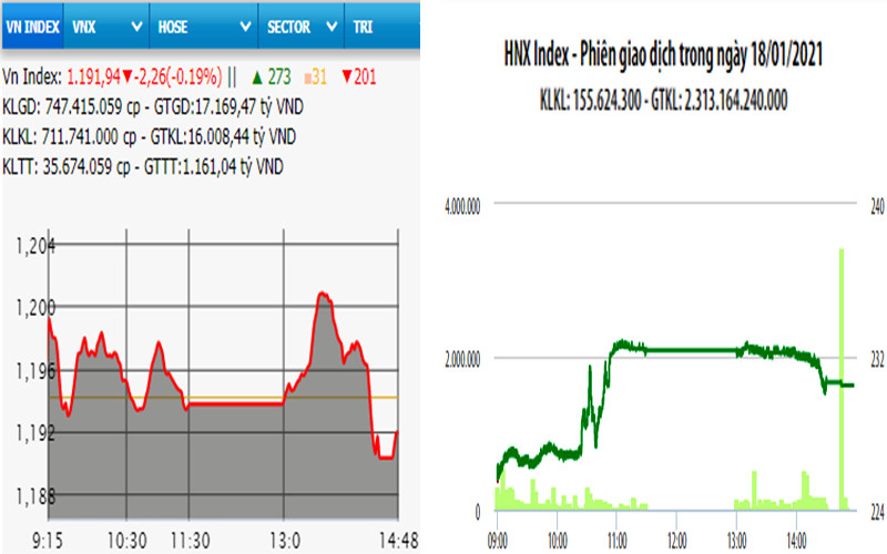 Diễn biến VN-Index và HNX-Index, phiên giao dịch ngày 18-1. 