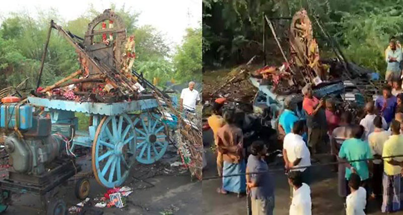 Vụ điện giật xảy ra khi phần đầu của cỗ xe rước được trang trí cầu kỳ để rước vào đền đã vướng vào đường dây điện cao thế ở bên trên và gây hỏa hoạn. (Nguồn: Zee Media)