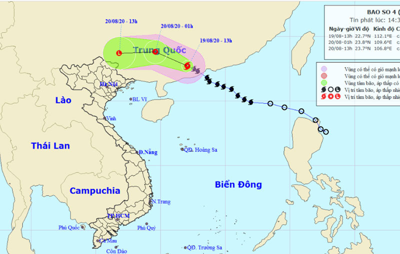 Vị trí và hướng di chuyển của bão số 4. (Nguồn: nchmf.gov.vn)