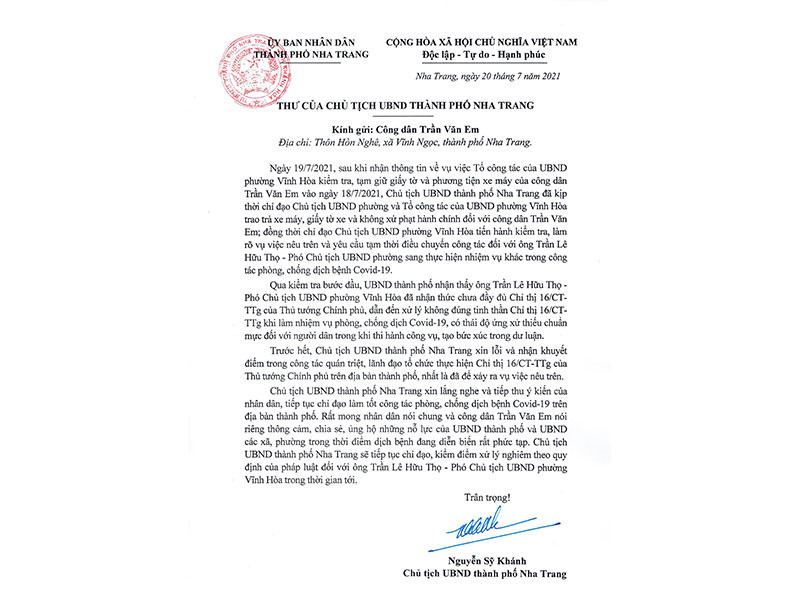 Chủ tịch Ủy ban nhân dân thành phố Nha Trang xin lỗi công dân Trần Văn Em