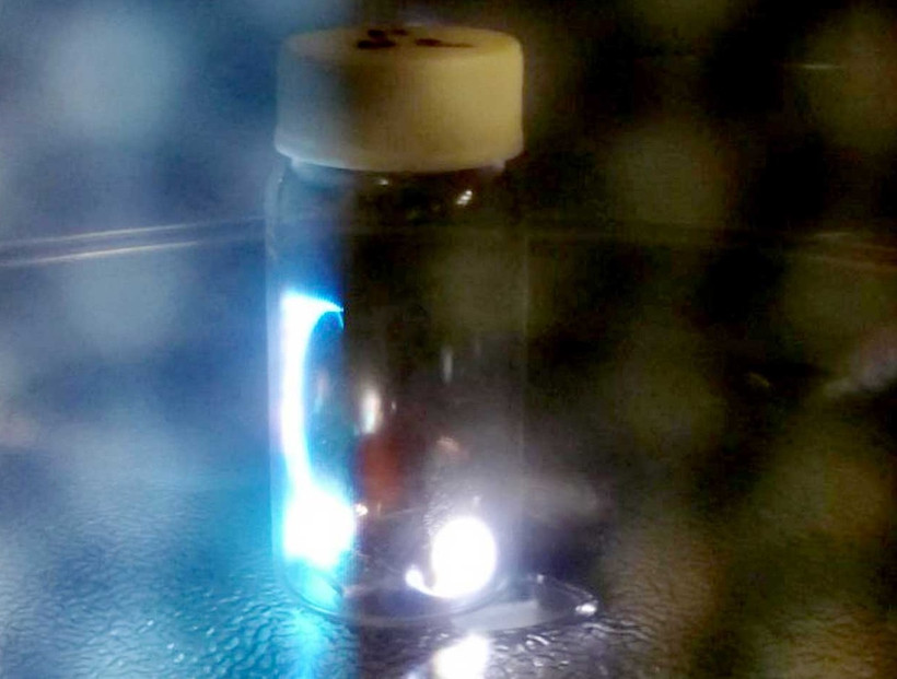 Trong lò vi sóng, tia lửa điện được tạo ra bên trong lọ thủy tinh có chứa bột than và lá đồng. Ảnh: Chris Masi.