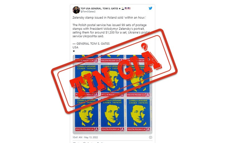 Một bài đăng trên Twitter tuyên bố Cơ quan Bưu chính Ba Lan đã phát hành bộ tem chính thức in hình Tổng thống Ukraine Volodymyr Zelensky.