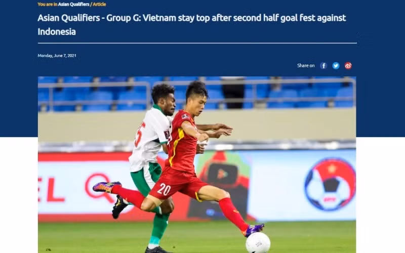 Truyền thông châu lục ấn tượng với màn trình diễn đẳng cấp của đội tuyển Việt Nam trước Indonesia. (Ảnh chụp màn hình)