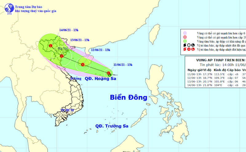 Vị trí và hướng di chuyển của vùng áp thấp. (Nguồn: nchmf.gov.vn)