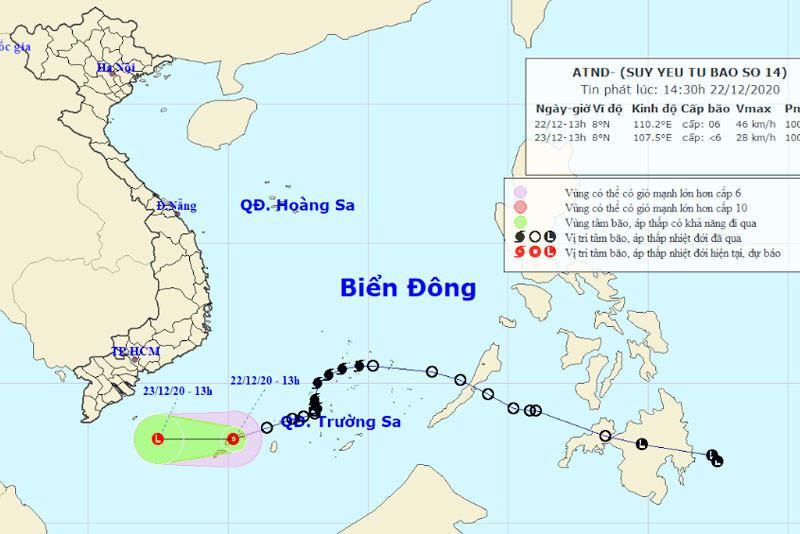 Vị trí và hướng di chuyển của áp thấp nhiệt đới (suy yếu từ bão số 14). (Nguồn: nchmf.gov.vn)