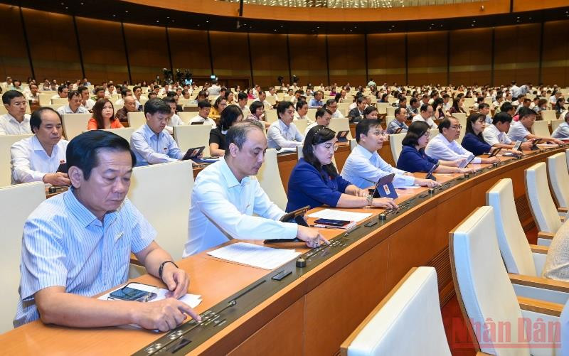 Các đại biểu Quốc hội biểu quyết thông qua Luật sửa đổi, bổ sung một số điều của Luật Sở hữu trí tuệ, sáng 16/6. (Ảnh: LINH KHOA)