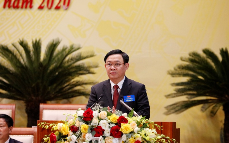 Đồng chí Vương Đình Huệ, Ủy viên Bộ Chính trị, Bí thư Thành ủy Hà Nội dự và phát biểu chỉ đạo Đại hội.