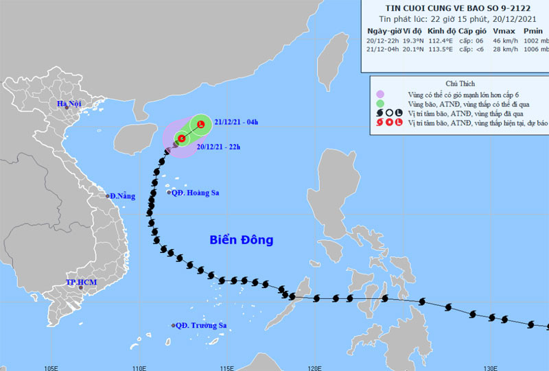 Vị trí và hướng di chuyển của áp thấp nhiệt đới (suy yếu từ bão số 9). (Nguồn: nchmf.gov.vn)