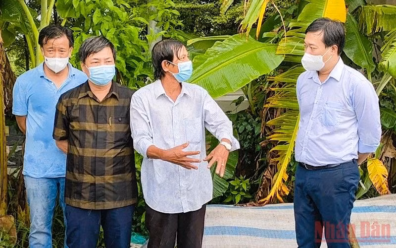 Bí thư Tỉnh ủy Đồng Tháp Lê Quốc Phong (bìa phải) ra tận vườn tìm hiểu đời sống, sản xuất của bà con nông dân tại Làng hoa Sa Đéc vào chiều 9/9 (Ảnh: HỮU NGHĨA) 