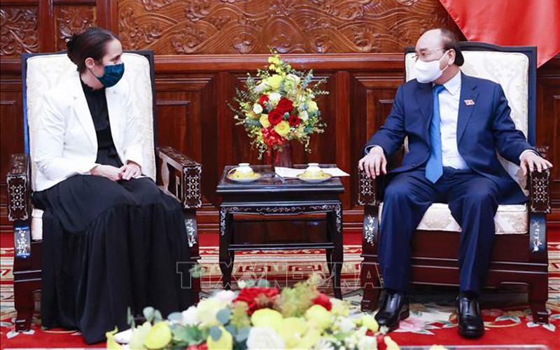 Chủ tịch nước Nguyễn Xuân Phúc tiếp Đại sứ đặc mệnh Toàn quyền New Zealand tại Việt Nam Tredene Dobson. (Ảnh: Thống Nhất/TTXVN)