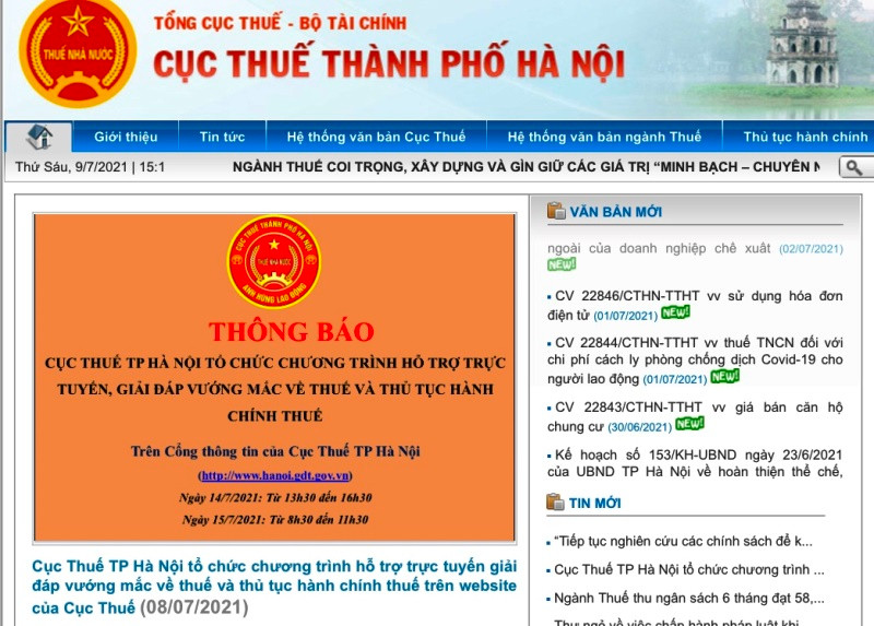Cục Thuế thành phố Hà Nội thông báo trên website để người nộp thuế biết và theo dõi chương trình giải đáp trực tuyến.