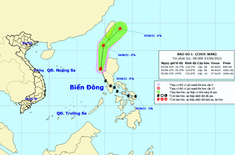 Vị trí và hướng di chuyển của bão số 1 (Choi-wan). (Nguồn: nchmf.gov.vn)