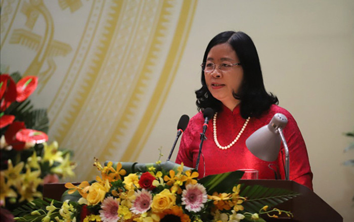 Bí thư Trung ương Đảng, Trưởng Ban Dân vận Trung ương Bùi Thị Minh Hoài phát biểu chỉ đạo tại Đại hội.(Ảnh: Hà Nội mới)