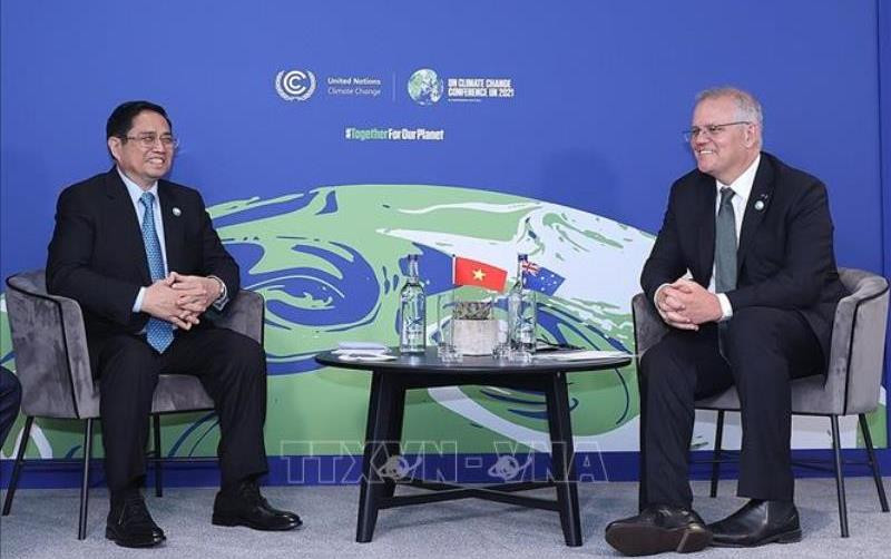 Thủ tướng Phạm Minh Chính gặp Thủ tướng Australia Scott Morrison. (Ảnh: Dương Giang/TTXVN)