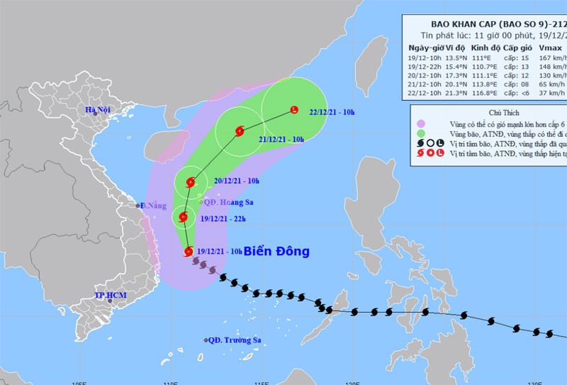 Vị trí và hướng di chuyển của bão số 9 lúc 11 giờ ngày 19/12. (Nguồn: nchmf.gov.vn)